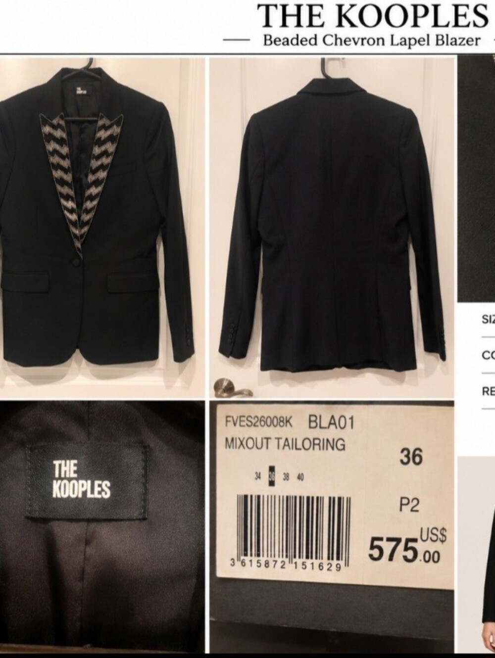 The Kooples Black Blazer with Beaded Chevron Lapel -Size 4 - NWT